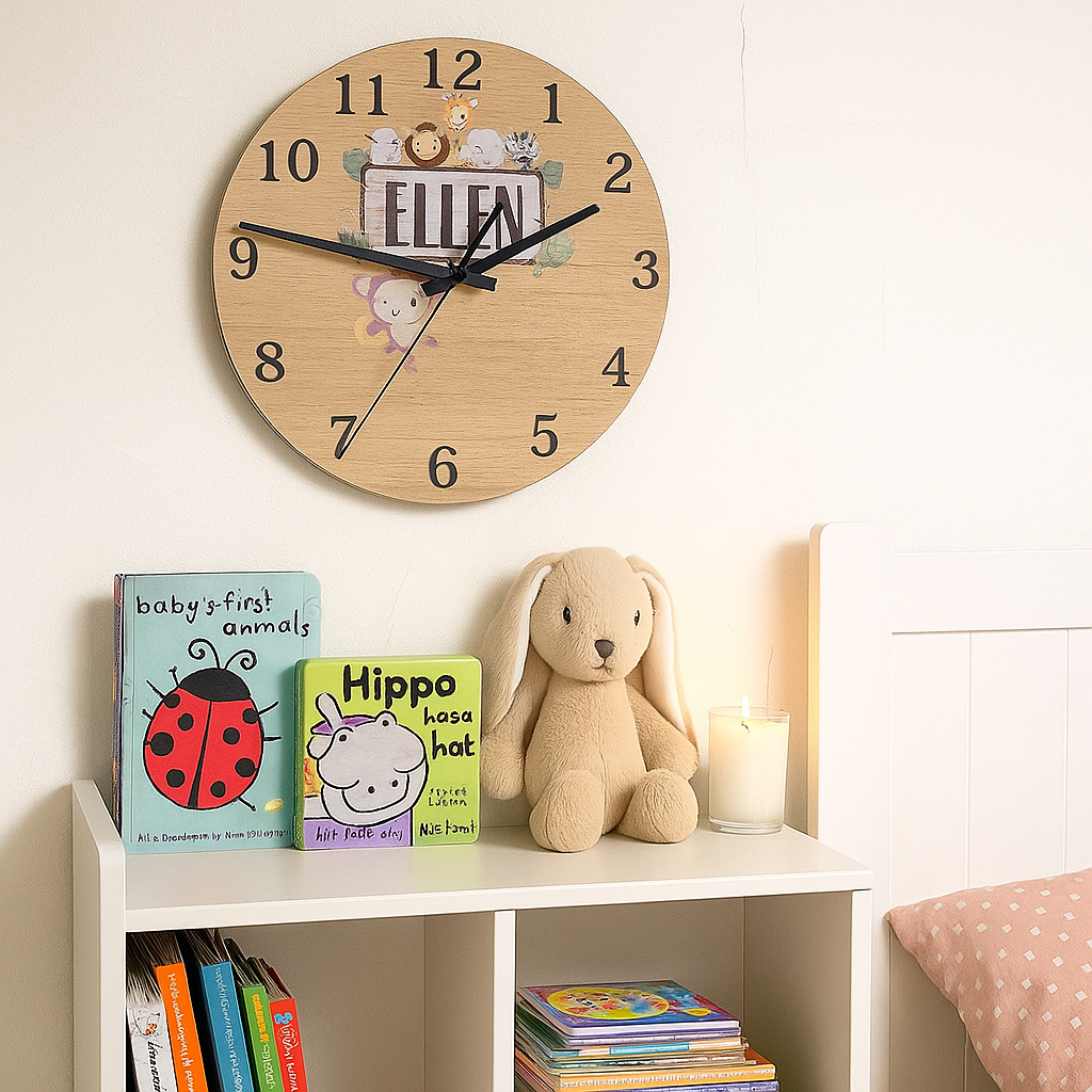 Wandklok – Eikenhout – Wilde dieren met naam