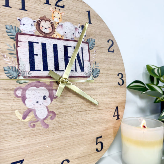 Wandklok – Eikenhout – Wilde dieren met naam
