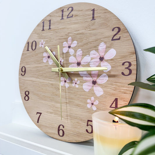 Wandklok – Eikenhout – Bloemen
